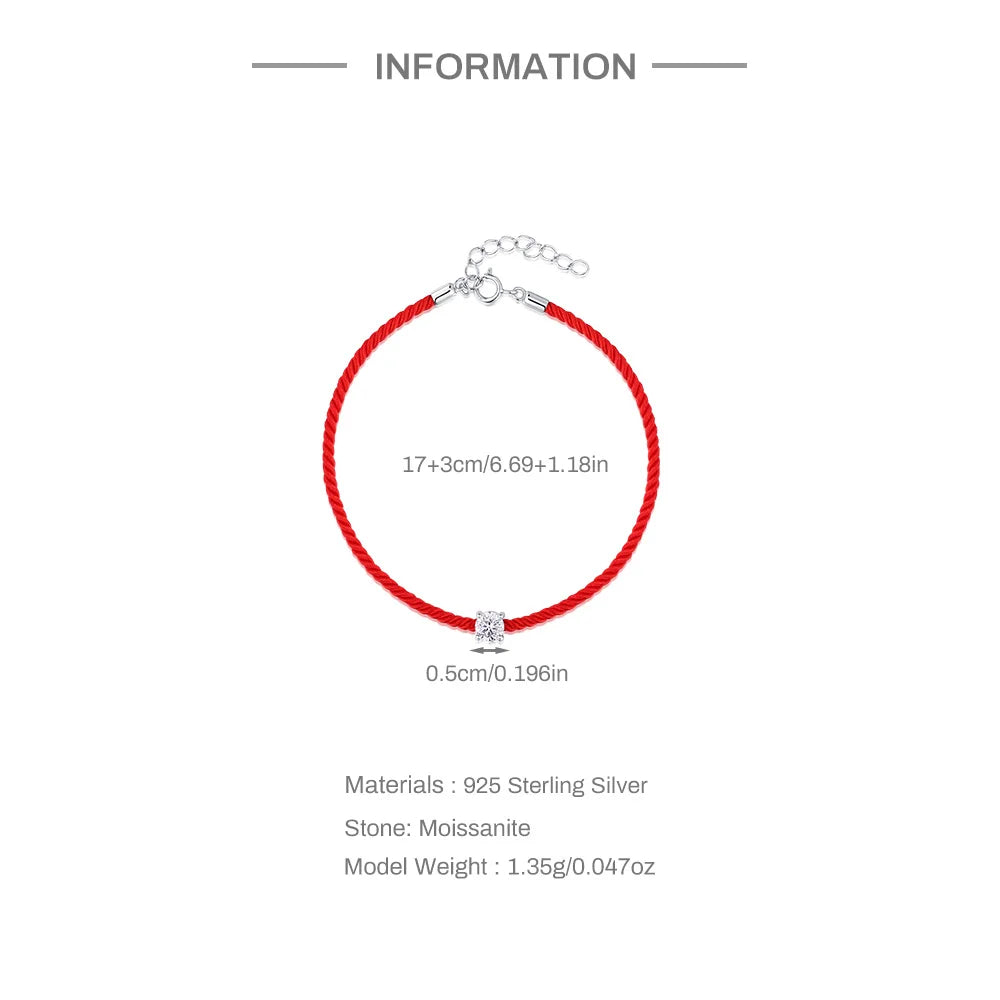 Bracelet Corde Rouge Diamant Moissanite Argent 925 Femme