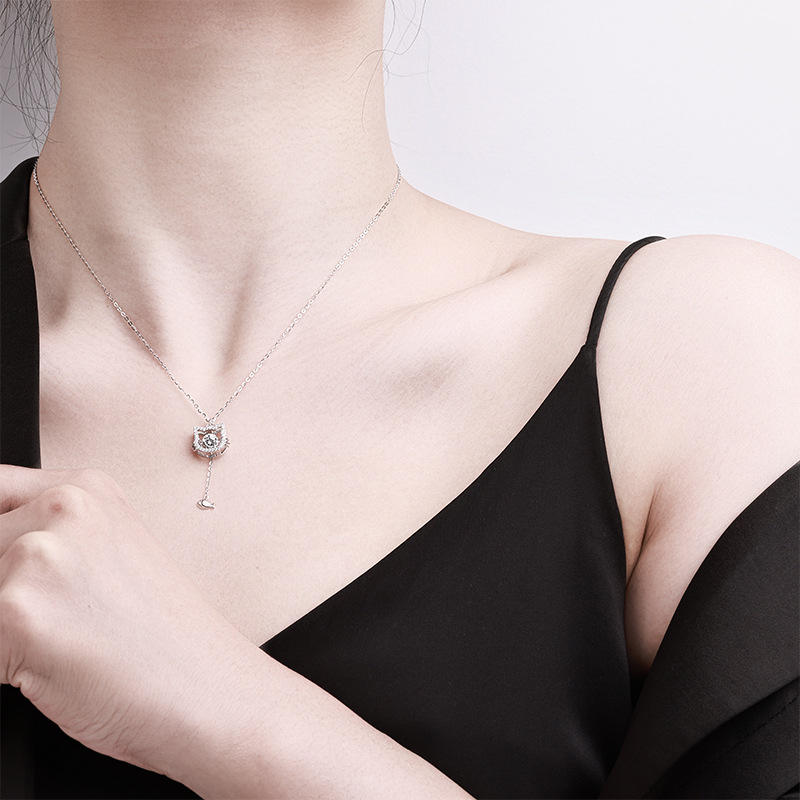 Collier Pendentif Chat & Poisson en Argent 925 avec Moissanite