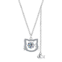 Collier Pendentif Chat & Poisson en Argent 925 avec Moissanite